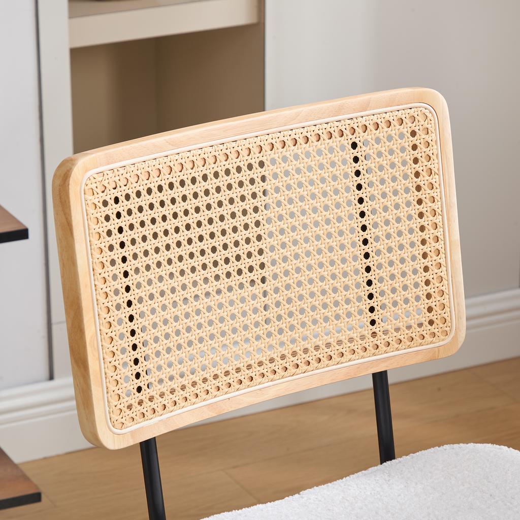 Vintage Rattan Office Chair with Wheels - Adjustable Swivel Desk Chair with Chenille Fabric Seat & Wooden Frame for Home Office, Living Room (Ivory)