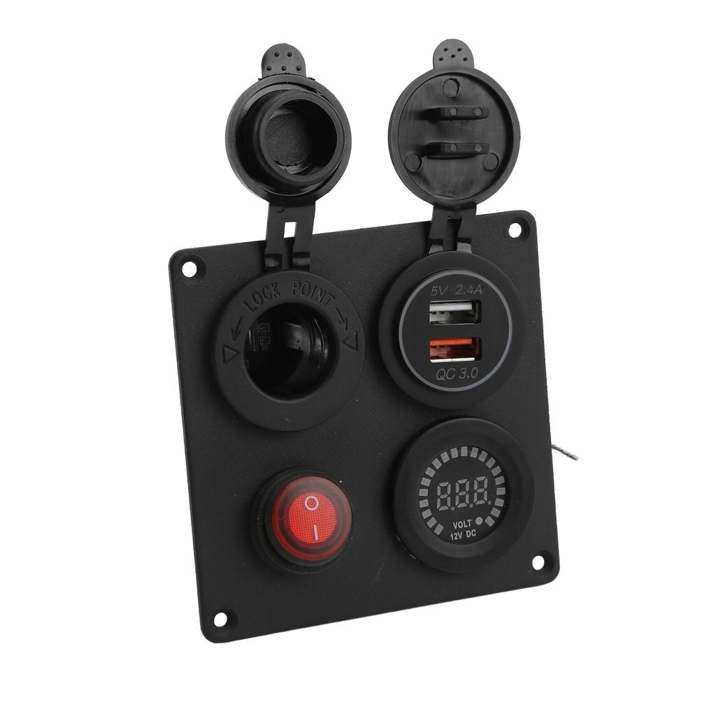 Multifunction 1 Gang Switch Panel with Dual QC3.0 USB Port Voltmeter Cigarette Lighter Holder 12V 24V for Buses Ships
