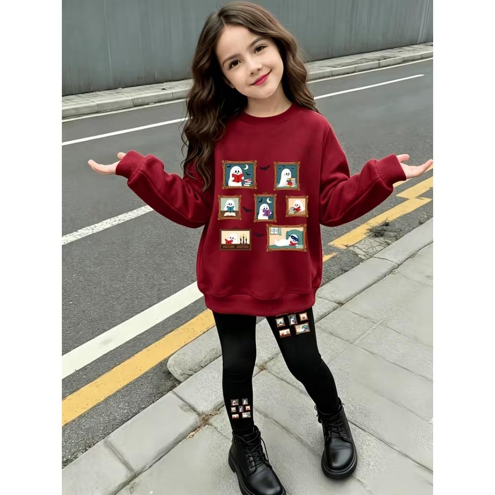 Girls' Dot & Rocket Print Casual Comfortable Soft Loose Pullover Sweatshirt and Leggings 2-Piece Set, New Autumn/Winter, Playful, Sweet and Cool Style
