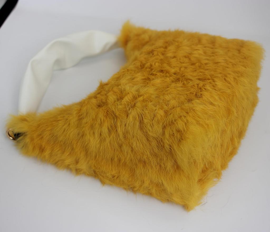 Fosrion Genuine Rabbit Fur Mini Handbag – Curly Karakul Design Women's Fur Bag, Available In 5 Colors (Mustard)