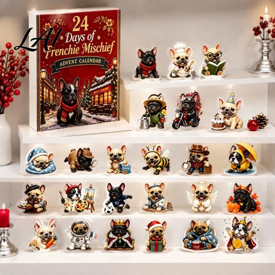 Holiday Party Favors 2D Acrylic French Bulldog Christmas Advent Calendar Surprising Box Ornament Pendants Set Cute Xmas Countdown Hanging Charms for