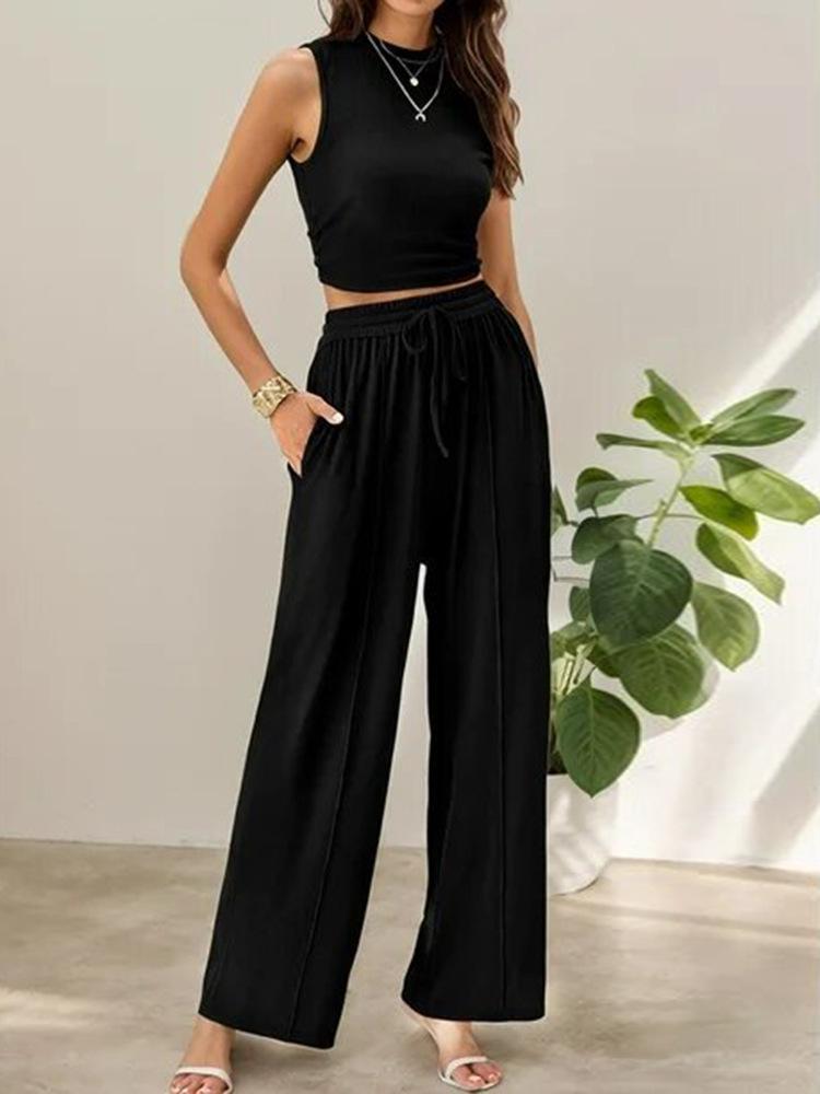 Women's Olive Green Sleeveless High Neck Crop Top with Wide Leg Pants Two-Piece Set