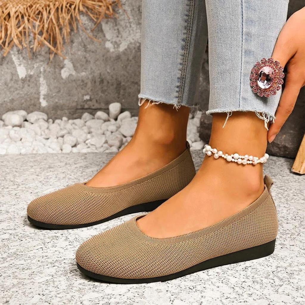Women Flats Casual Slip On Shallow Shoes Comfortable Knit Ballet Flat Shoes Round Toe Office Boat Shoes Trend Plus Size Loafers