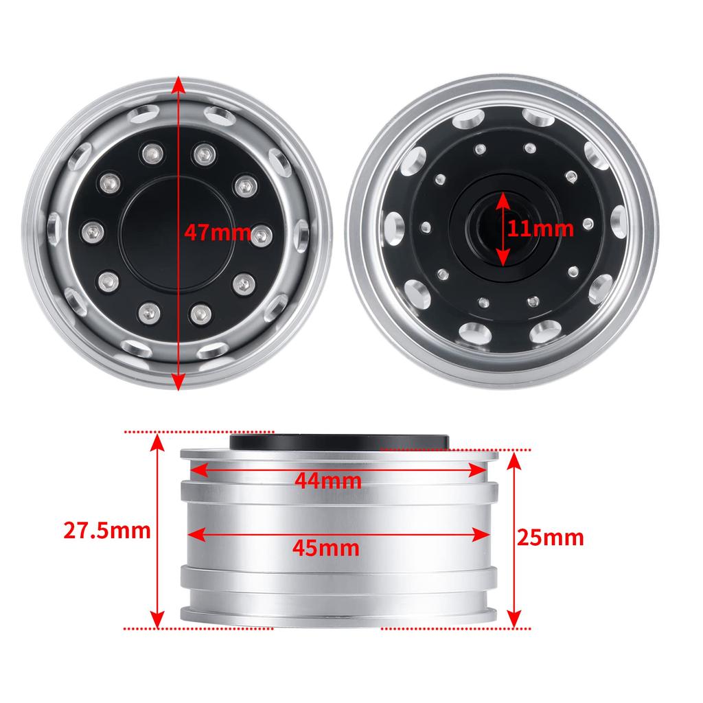 TRZX Metal Front Wheel Rim Wheel Hub for 1/14 RC Tamiya Trailer Truck Car (2pcs)
