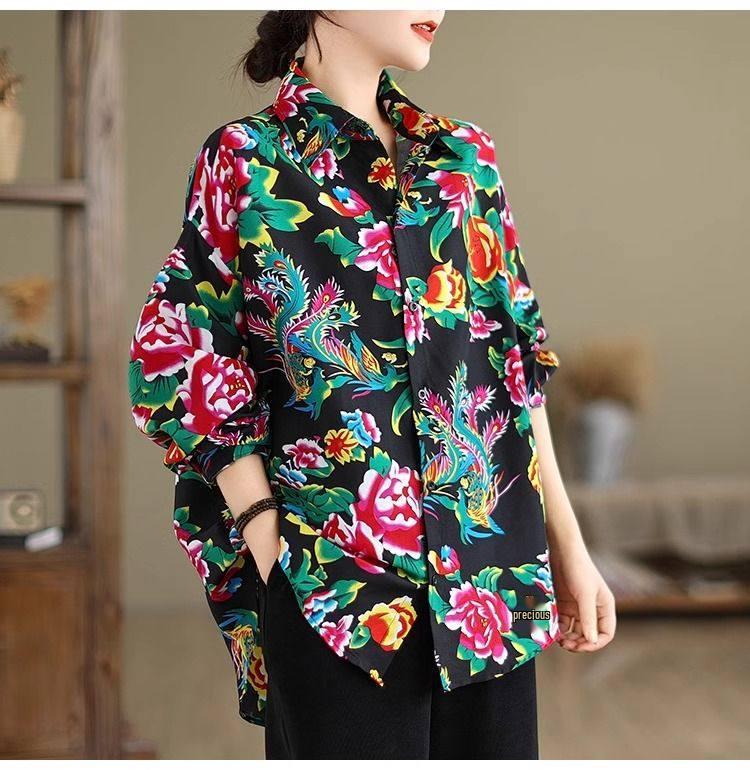 Women's Northeast Peony Floral Long-Sleeve Shirt Jacket - Ethnic Charm, Perfect for Spring/Fall Layering, Unique, Ideal As a Couple's Shirt.