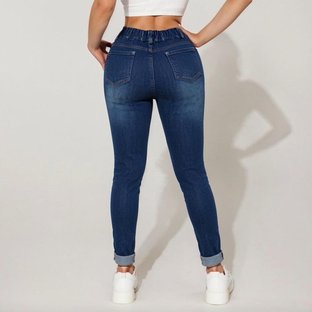 Women's Skinny  Trendy Jeans Distressed Stretchy Denim Pants Elastic Waist Drawstring Denim Trousers