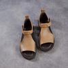 Johnature Retro Genuine Leather Peep Toe Flat Sandals Versatile Casual Soft Soled Beach Shoes