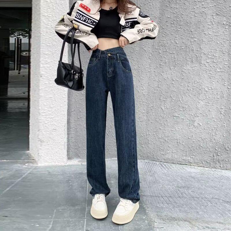 

Джинсы с неровной косой пуговицей, высокой посадкой и широкими штанинами - Женские сине-серые, длиной до пола, стройнящие, универсальные брюки для осени/зимы. 2XL