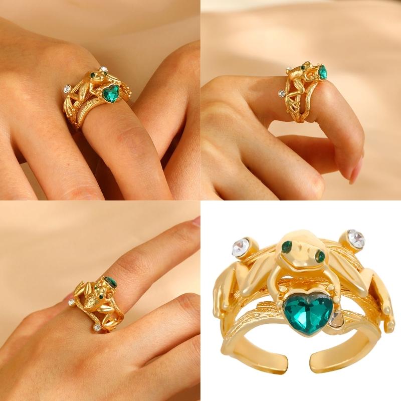 Emerald Green Heart Frogs Hug Ring Stylish Animal Finger Ring Unique Vintage Fashion Statement Jewelry for Women