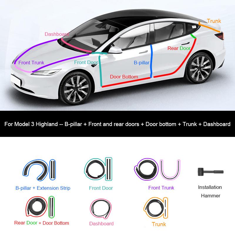 For Tesla Model Y Juniper Door Seal Strip Soundproof Rubber Weatherstrip for Model 3 Highland B-Pillar Sealing Noise Reduction