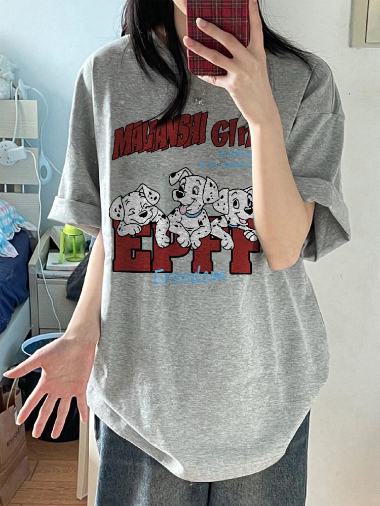 Women’s Plus Size Cartoon Couple Loose Fit Cotton T-Shirt