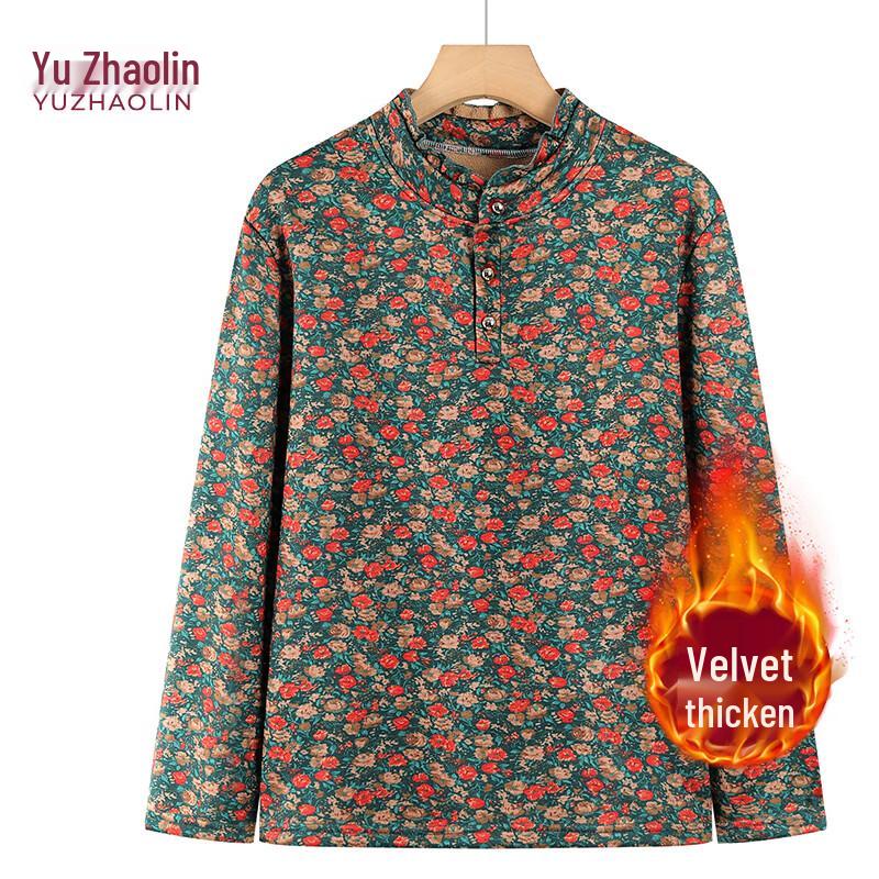 

YUZHAOLIN Women s Floral Print Thermal Stand Collar Shirt 3XL