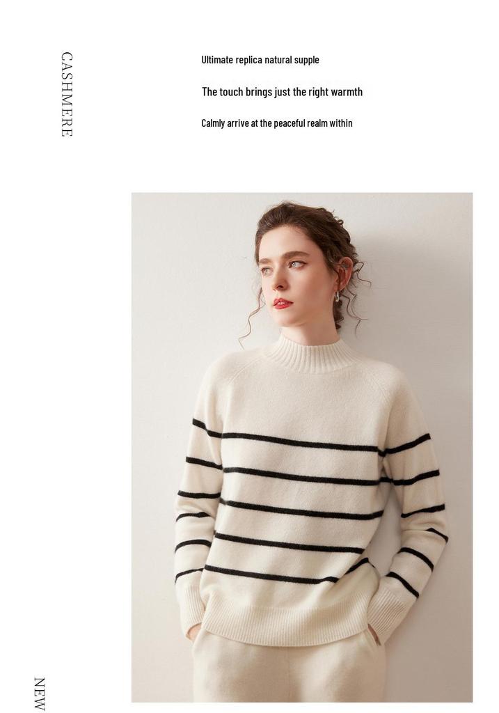 High-Neck Retro Black & White Striped Cashmere Sweater – Women's Long Sleeve Pullover for Autumn & Winter