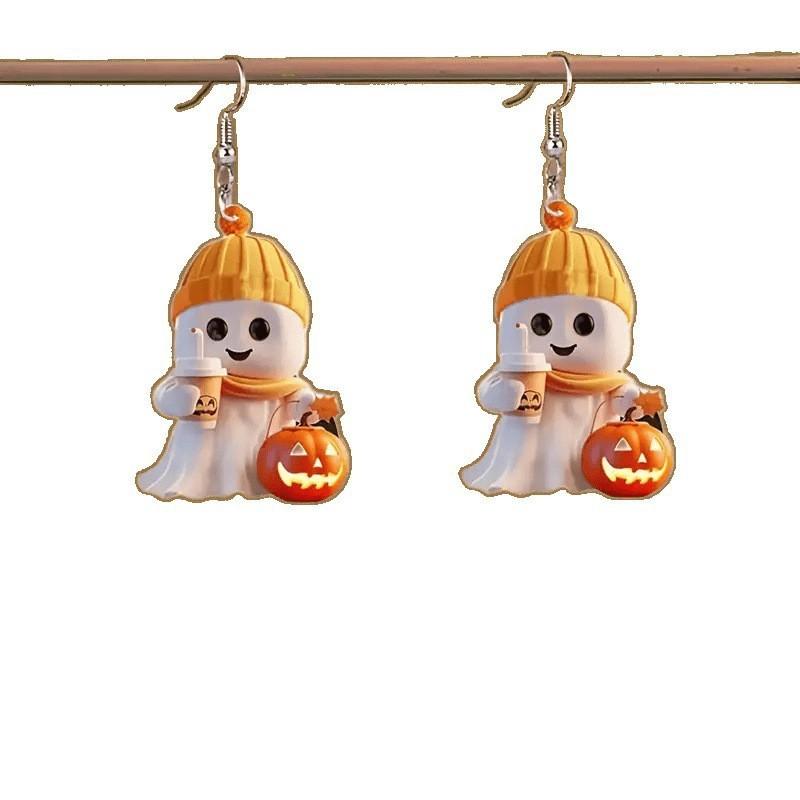 Cartoon Halloween Themed Ghost Milk Tea Pumpkin Pattern Women Acrylic Earrings