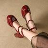 French Burgundy Mary Jane Shoes Women's Round Toe Chunky Heel Single Shoes High Heel Platform Sandals Patent Leather Size35 40