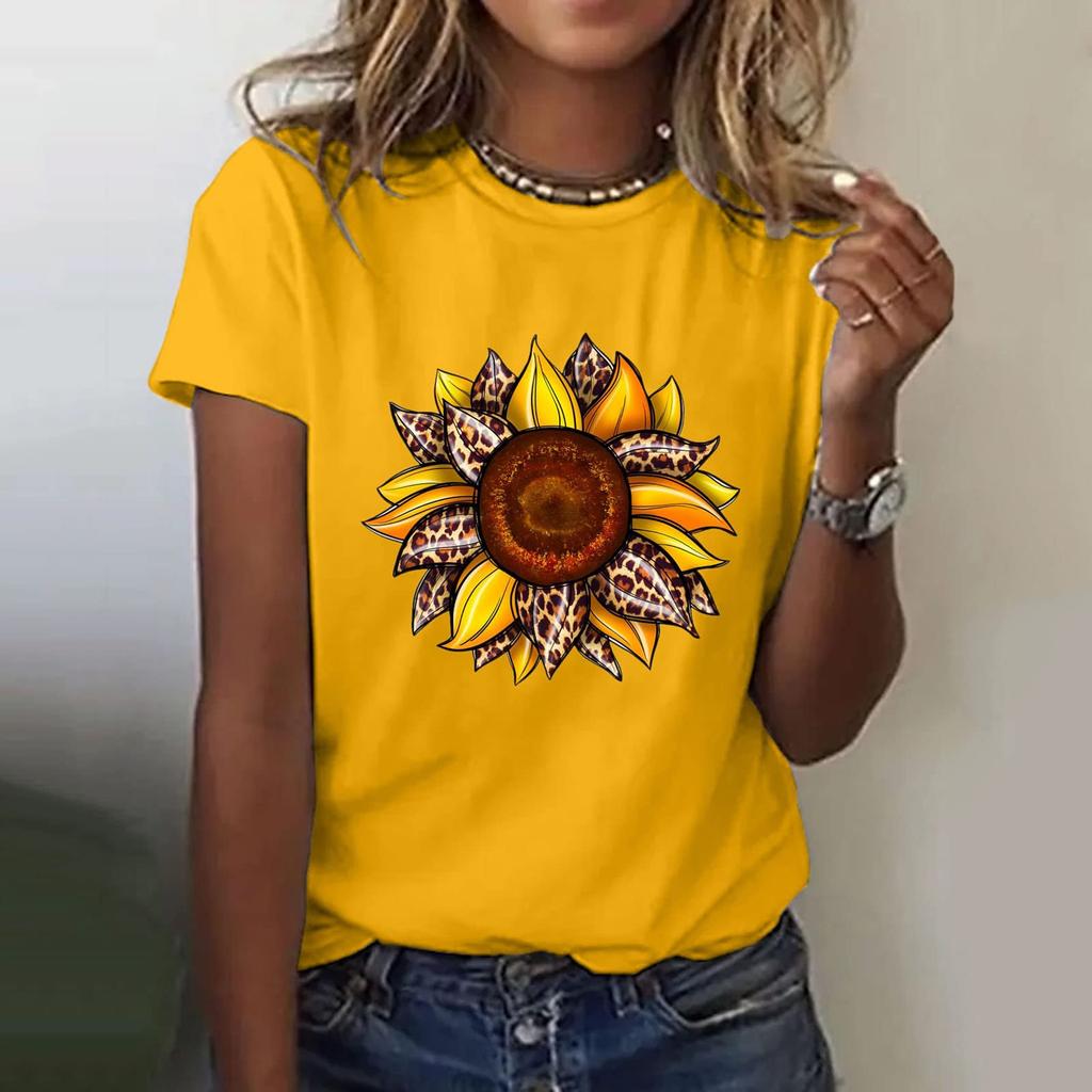 Sunflower Ladies Cute Print Short Sleeve Round Neck Front Shoulder Vintage Short Sleeve Summer Loose Shirt Top