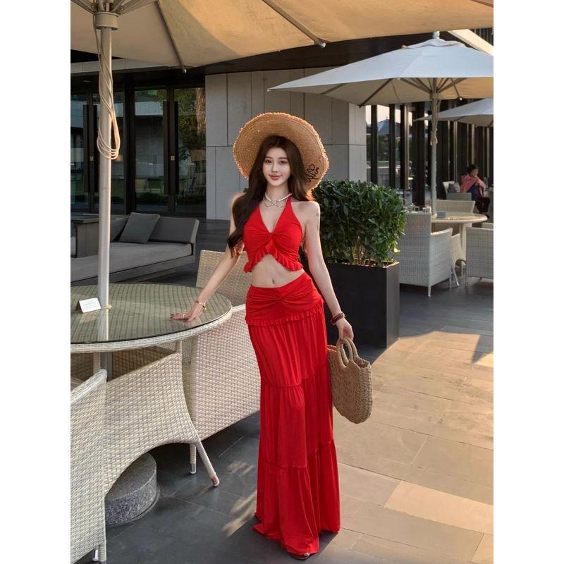 Kumikumi Pure Desire Set Kinky Hanging Neck Cami Women Summer Drape Skirt Big Swing Skirt Two-piece Set