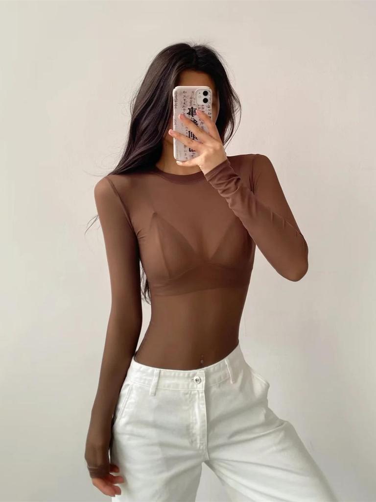 Autumn Women's Slimming Mesh Bodysuit - Sheer Round Neck, Long Sleeve