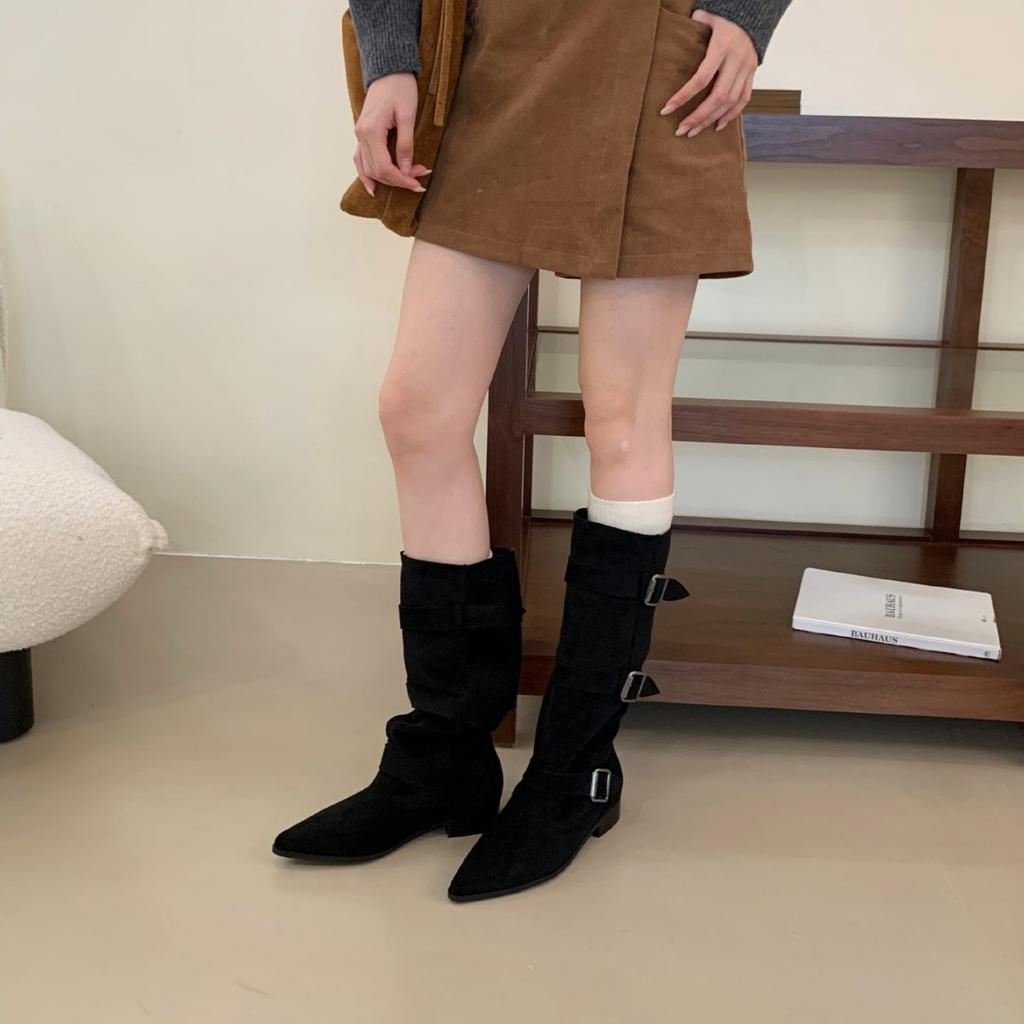 2025 Autumn and Winter New Small Pointed Head Tall Tube Thin But Knee Thick Heel Belt Buckle Knight Women's Boots