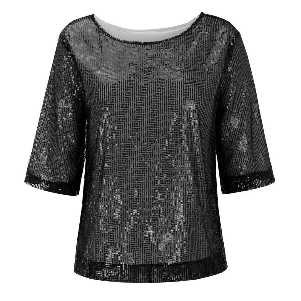Women's Solid Color Sequined Round Neck Loose Casual Short Sleeve T-Shirt Top