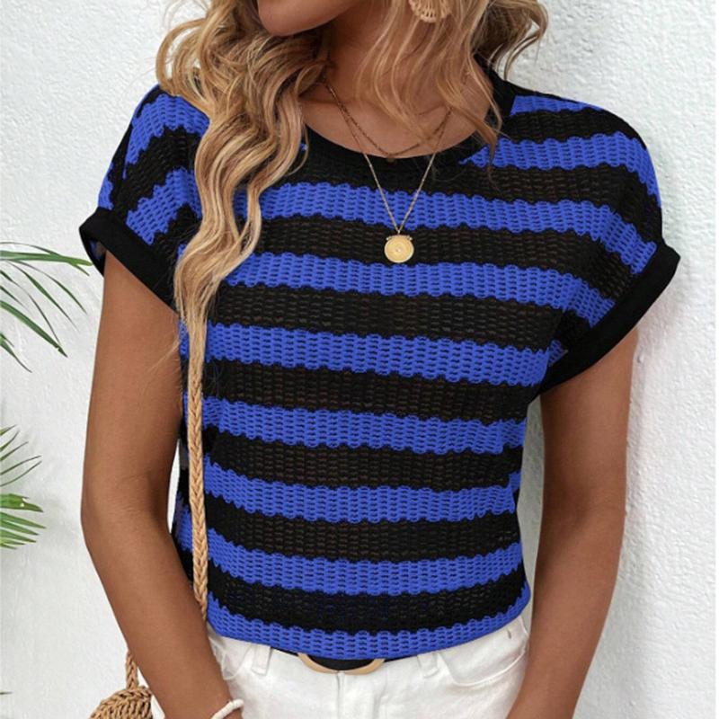 

Женская летняя футболка с коротким рукавом, круглым вырезом, сетчатая в полоску, пуловер, топ XL