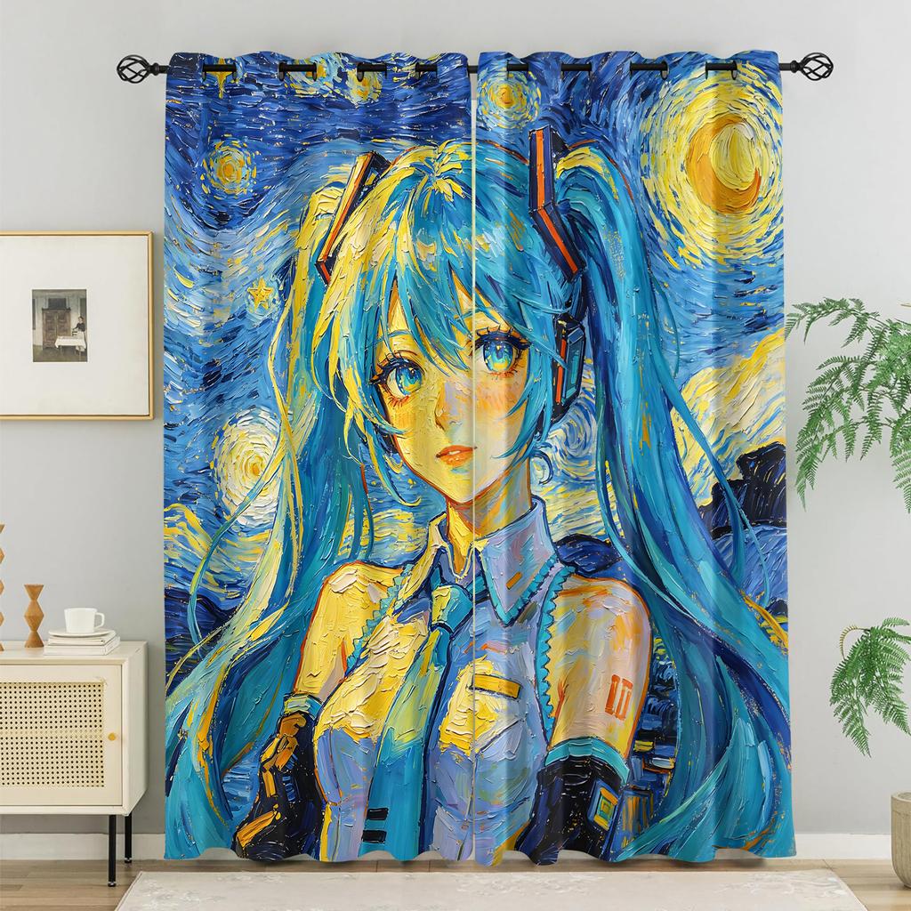 2Pcs Hatsune Miku Sakura Cherry Blossom Blackout Curtains Anime Watercolor Window Drapes Fan Room Esport Room Trendy Decor Gift