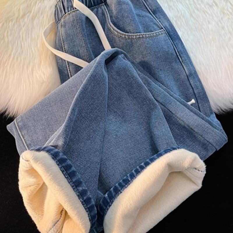 Fleece thickened straight women's jeans winter, new wide-leg cotton elastic waist autumn and winter pants