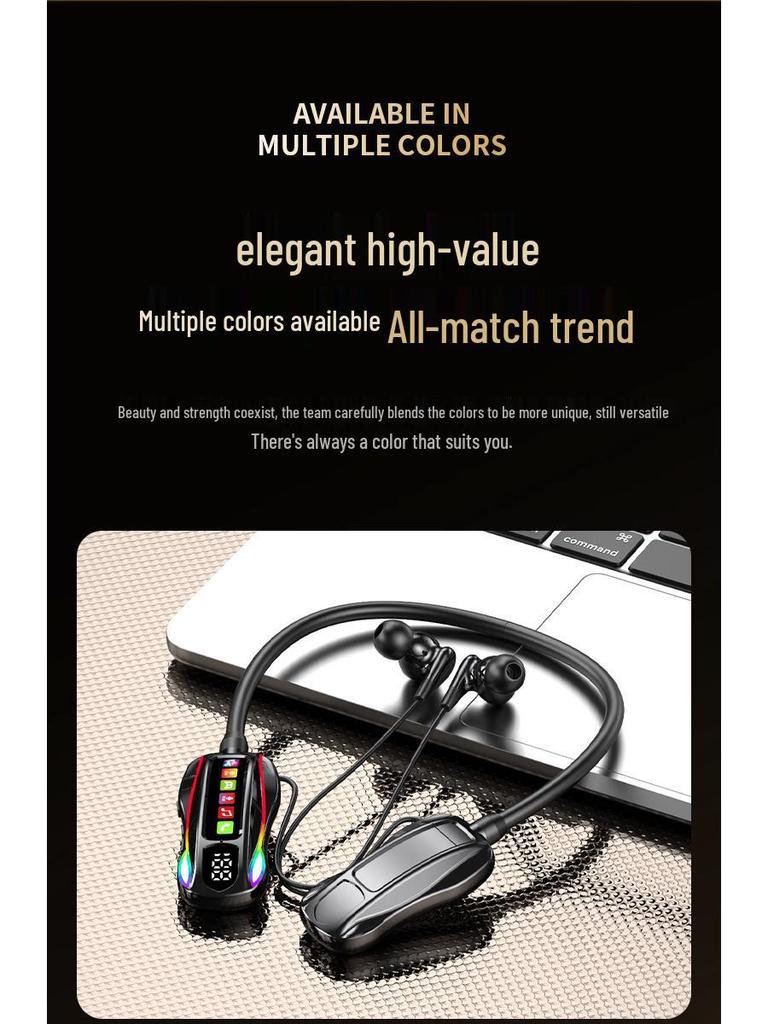 Wireless Neckband Bluetooth Headphones with Long Battery, Memory Card Slot, K-Song Ear Monitor, and HD Call Function.