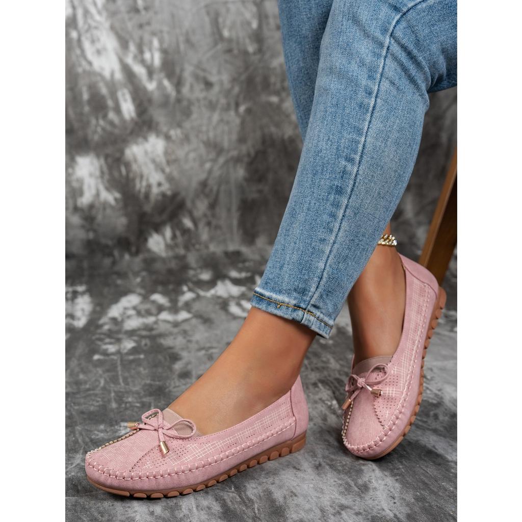 Stitching Bow Solid Color Women's Flat Loafers
