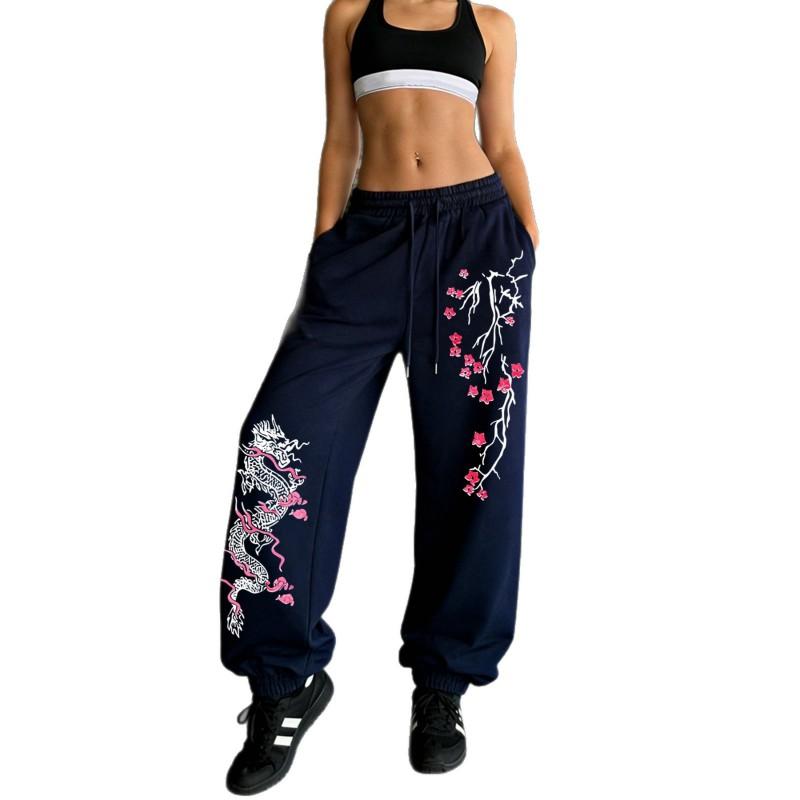 Mens Loose Fit Drawstring Waist Jogger Pants With Asymmetrical Plum Blossom Print Micro-Stretch Fleece-Lined Casual Trousers