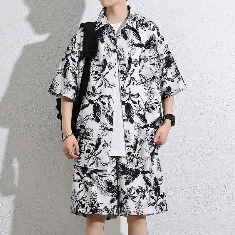Hawaii Floral Men's Short Sleeve Loose Beach Shirt Set - Retro Hong Kong Style Trendy Cool Jacket