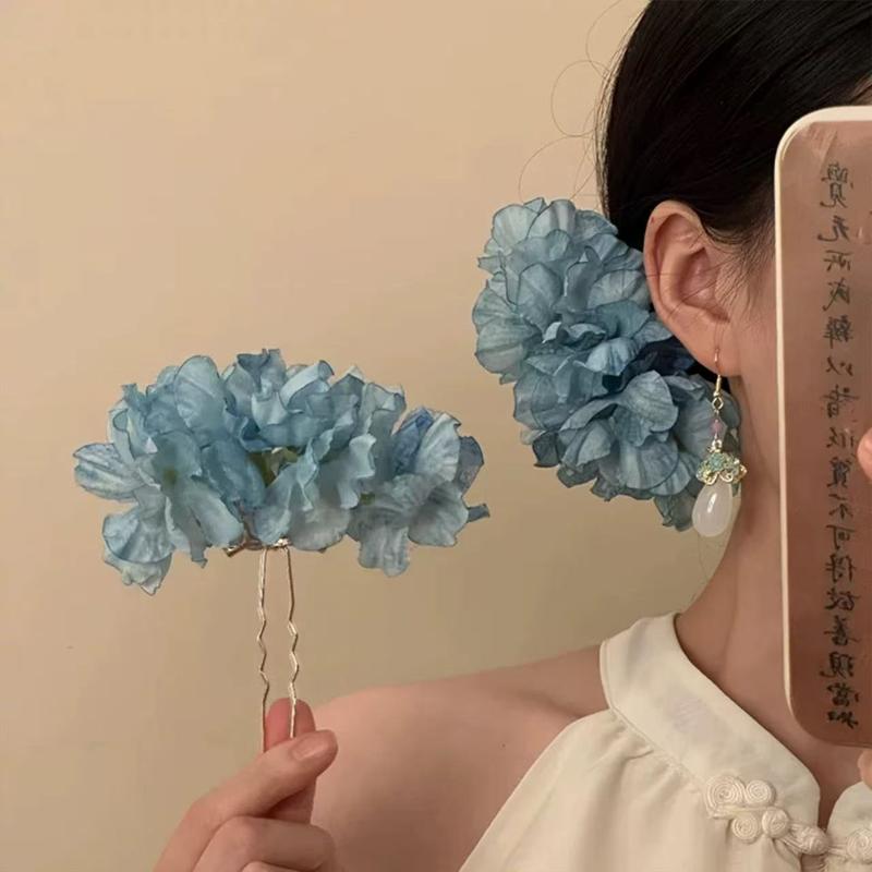 Pastoral Purple Yellow Flower Hair Pins Women Girls Sweet Fabric Floral Blossom Hair Stick Hair Accessory Travel Photo Props