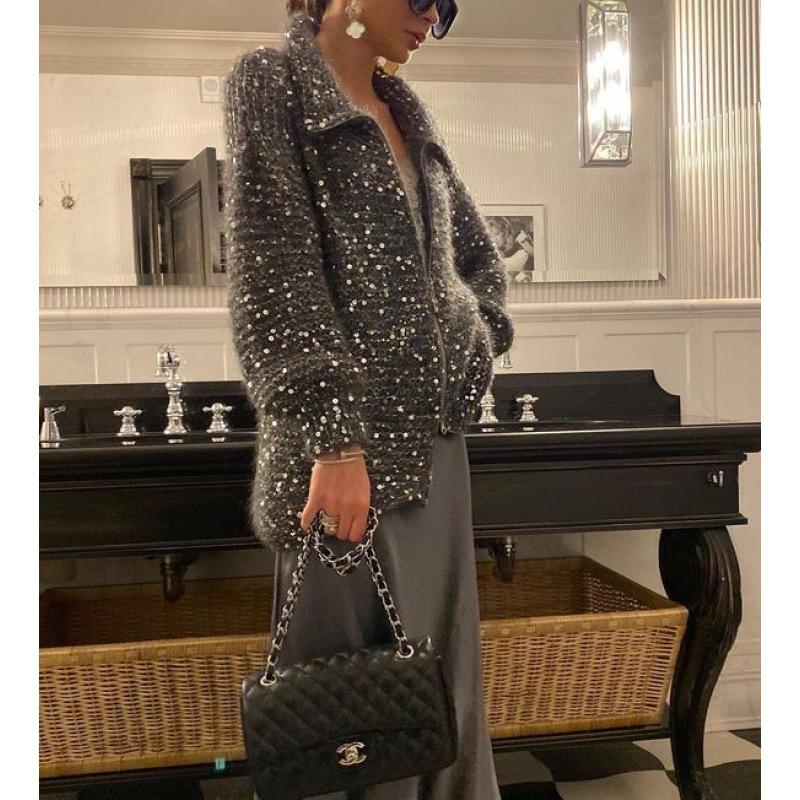Women's Hooded V Neck Knit Sweater Loose Fit Lazy Style Sequin Embellished Long Sleeve Pullover Jumper For Autumn Winter