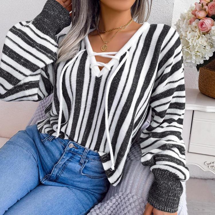 Chic Women's Loose Knitted Sweater with Balloon Sleeve and Contrast Stripe Tie, All Match Tops for Fall Winter
