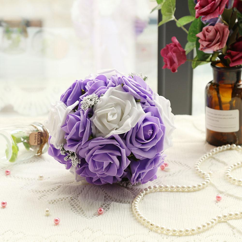 Artificial Bridal Bouquet Flowers for Wedding Decorations Props Accessories (Purple)