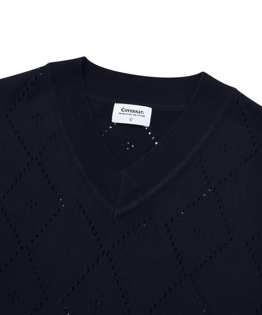 COVERNAT Argyle Scallop Knit Vest Navy