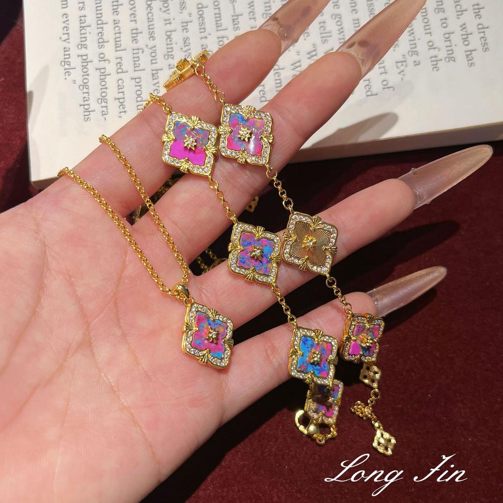 Italian Retro Court Style Color Treasure Four-Leaf Clover Set Exquisite High-End Versatile Temperament Necklace Bracelet Earrings