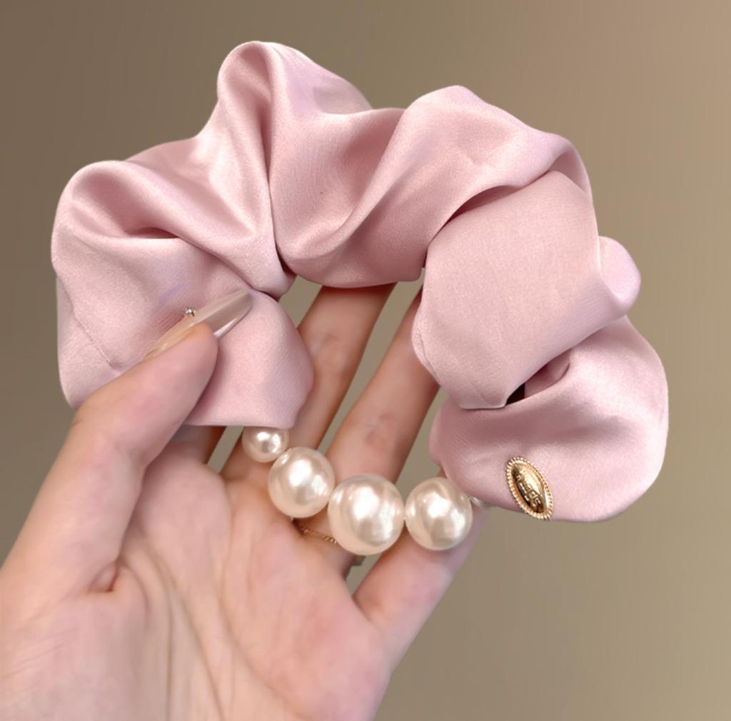 Koreanischer Stil Satin Perlenbesatz Haargummi, Elegant und Sanft Niedriger Pferdeschwanz Stil Reise Haargummi