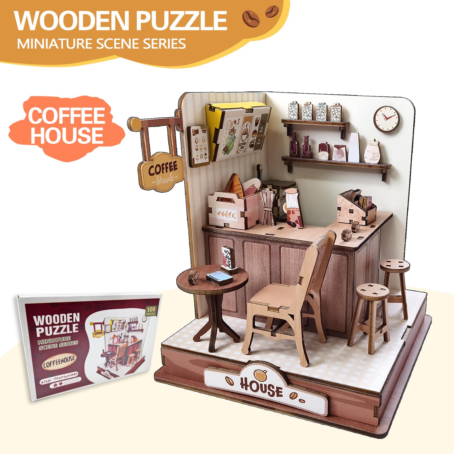 Wacocetoy Cross-Border Diy Handmade Hut 3D Three-Dimensional Puzzle Wooden Mini Coffee House Holiday Gift Toy