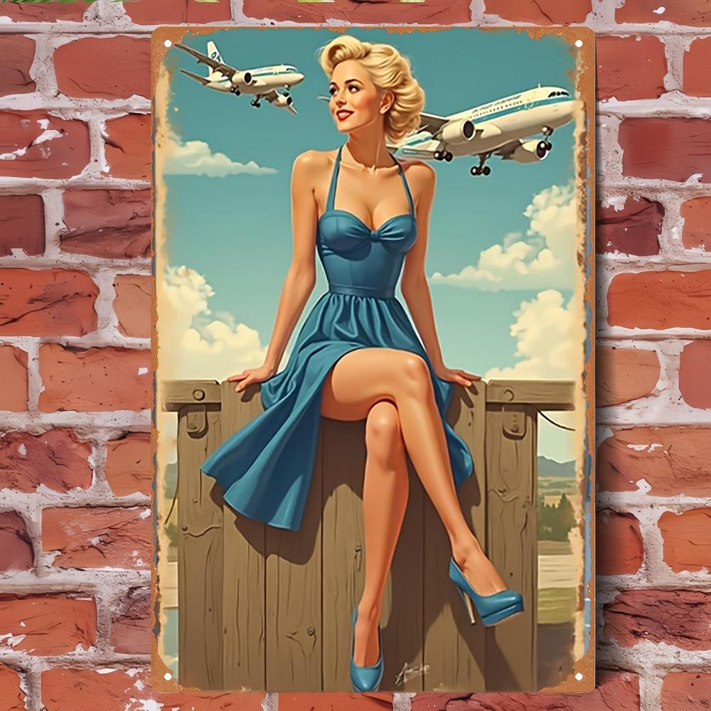 Vintage Metal Sign D Retro Wall Art Airplane Pinup Girl Decor xcm for Home Bar Garage Cafe
