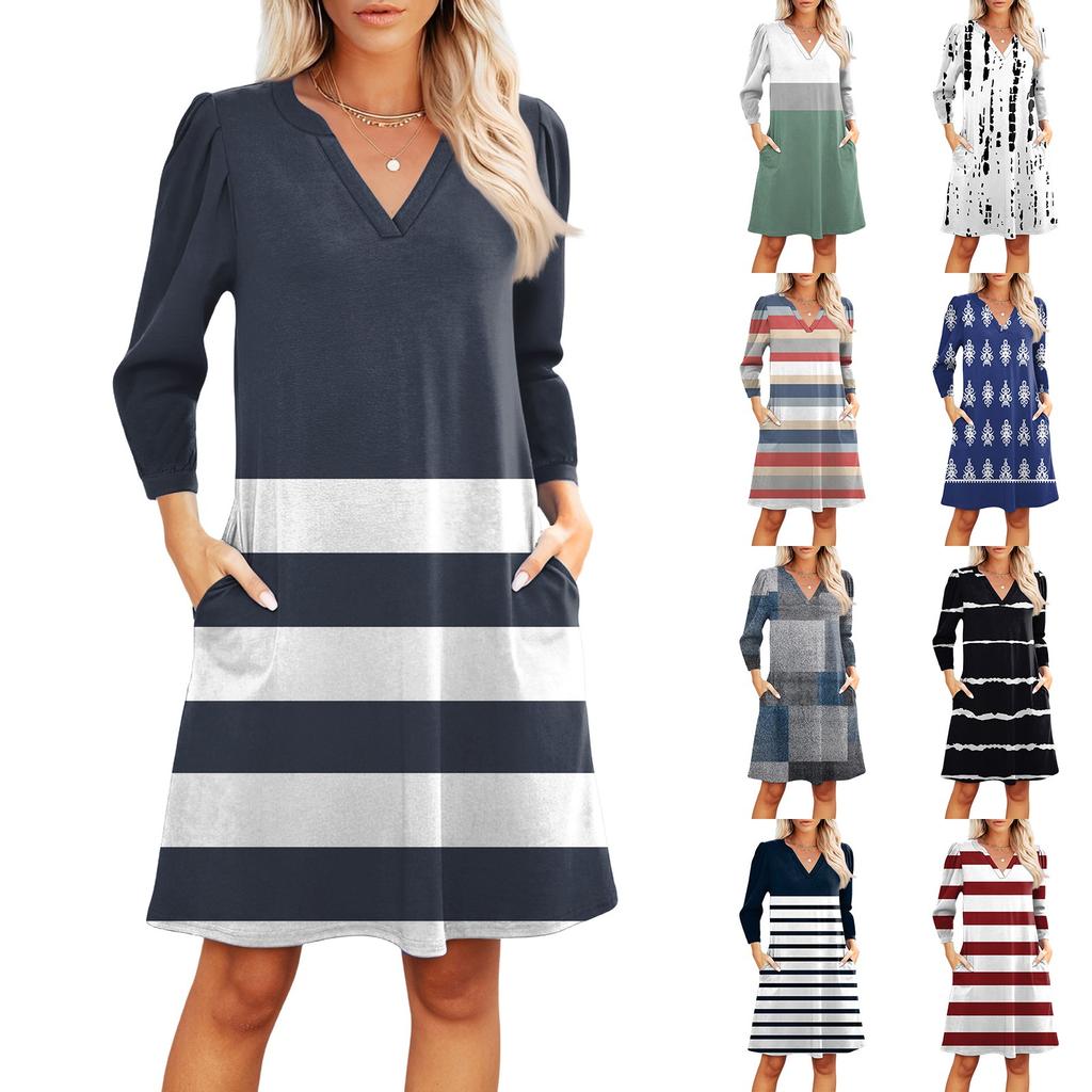Women's Fashion V-neck Casual Beach Dress Three-quarter Sleeves Striped Print Dress