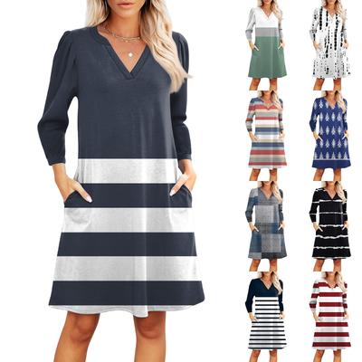 Women's Fashion V-neck Casual Beach Dress Three-quarter Sleeves Striped Print Dress