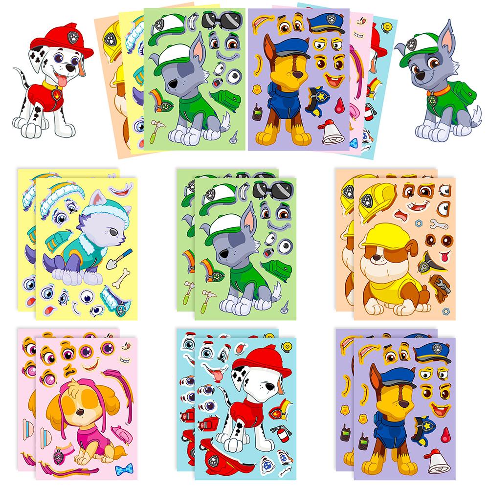 6/8/12/16pcs PAW Patrol Puzzle Anime Stickers DIY Ryder Chase Make-a-Face Assemble Funny Cartoon Decal Assemble Jigsaw Sticker
