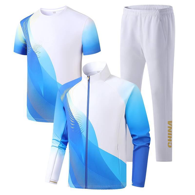 Chinese Team Wind Sports Quick-Dry Three-Piece Set: Short-Sleeved Stand-Collar Jacket, White Long Pants for Opening Ceremony Coaches.