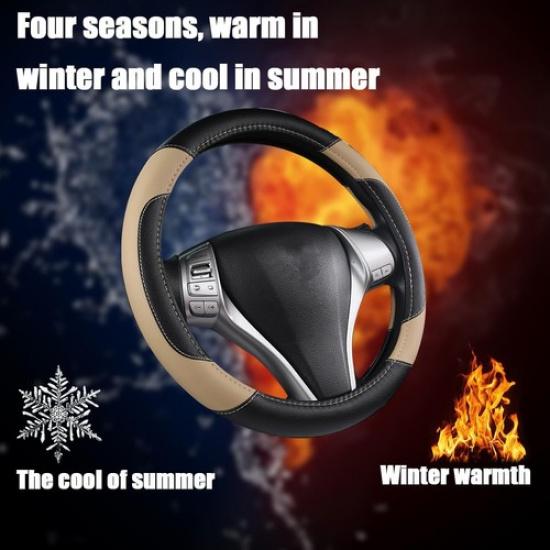 Leather Car Steering Wheel Cover, Universal 15 Inch for Car Truck SUV, Beige