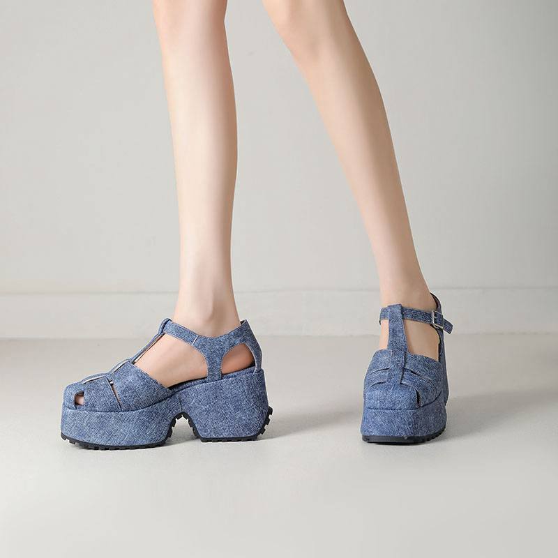 Krazing Pot Polyurethane Spring Summer Size 43 Size 42 Women Platform Women Square Toe Buckle Thick Bottom Pumps