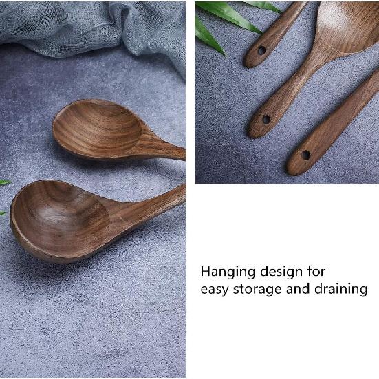Wooden Kitchen Cooking Utensil Set,Wooden Soup Ladle,Walnut Wooden Spoons Spatula for Cooking 7pcs