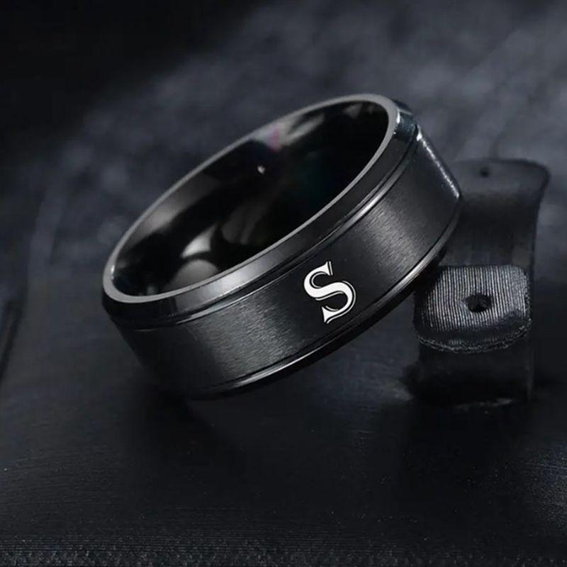1pc Fashion 26 English Letters Ring With Double Beveled Edges, Men's Stainless Steel Ring