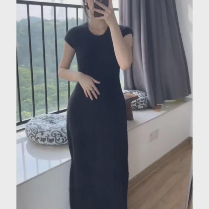 Women's Knitted Apricot Dress: Short-Sleeved, Long Skirt, Perfect for Early Autumn