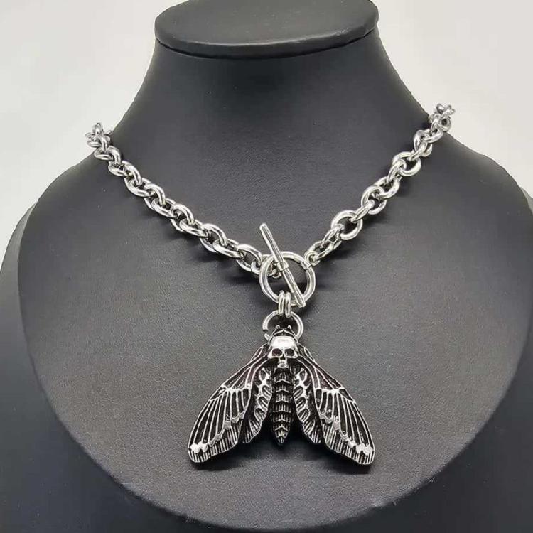 Alternative Style Death Moth Pendant Necklace 44cm Alloy Neck Chain Gothic Jewelry for Dark Aesthetic Wardrobe